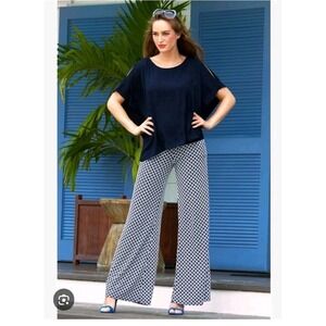 Joseph Ribkoff Navy White Geometric Print Pants Size 12 Designer Pull On Stretch